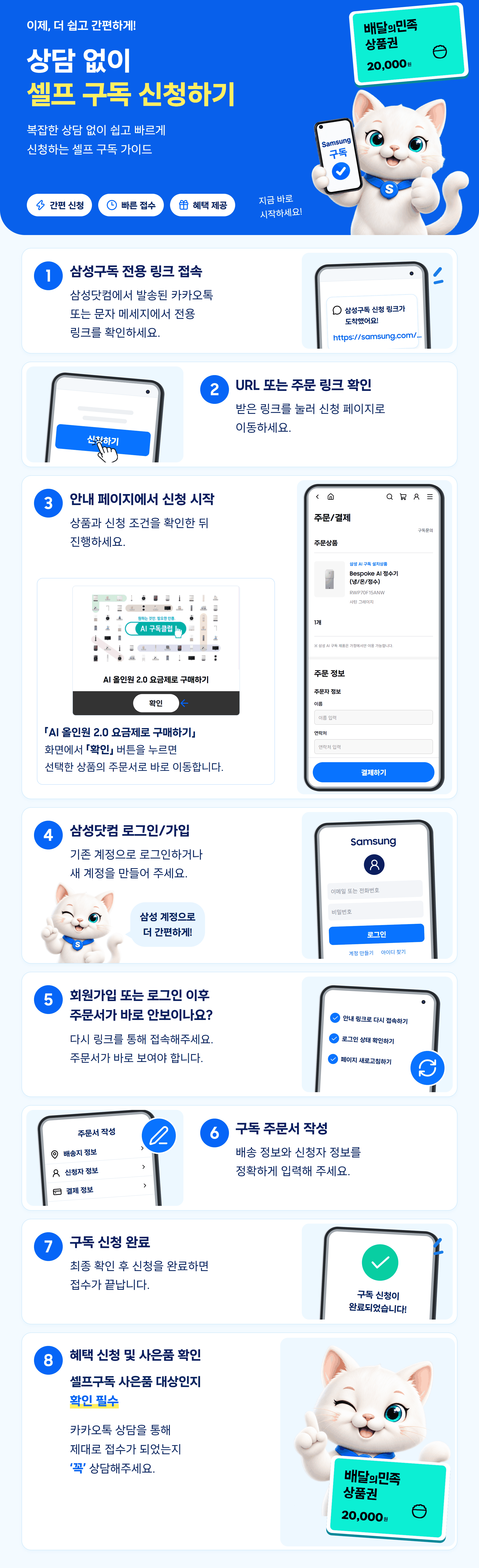 상담 없이 셀프 구독 신청하기 8단계 안내. 전용 링크로 접속하고 주문 링크 확인, RWP70F15ANW 모바일 주문 화면 확인, 삼성닷컴 로그인·가입, 주문서 재접속, 주문서 작성, 신청 완료, 사은품 대상과 카카오톡 접수 확인. 배달의민족 상품권 2만원권 이미지.