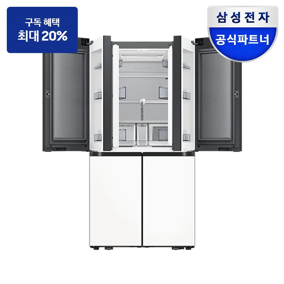 최대 혜택은 가입 조건에 따라 다르며, 구독료 지원은 대상 모델 최장 약정 기준 상당 멤버십포인트입니다. 삼성 비스포크 AI 하이브리드 4도어 889L (오토오픈도어) 냉장고 사진 · 모델 RM80F91K1X